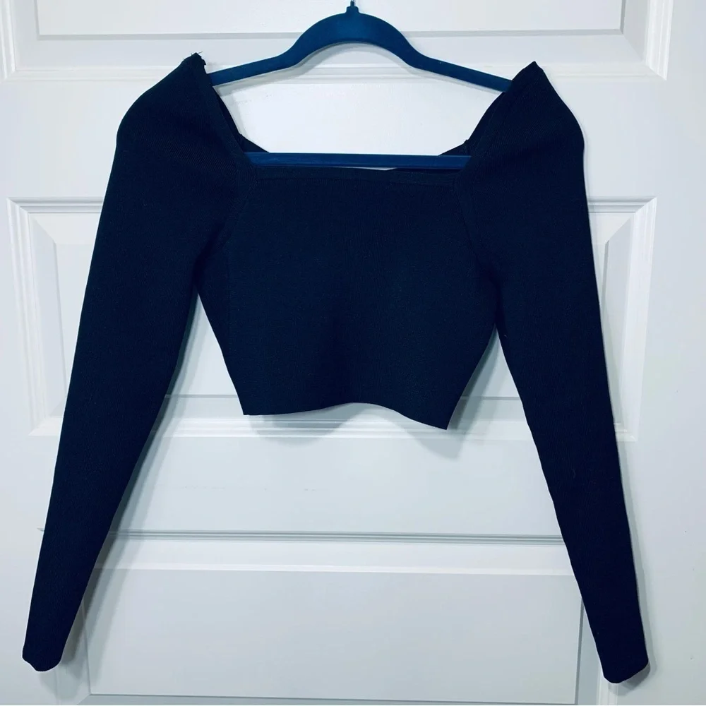 ZARA Neutral Black Knit Cropped Long Sleeve Top Streetwear Round Square Neck S - Picture 6 of 13